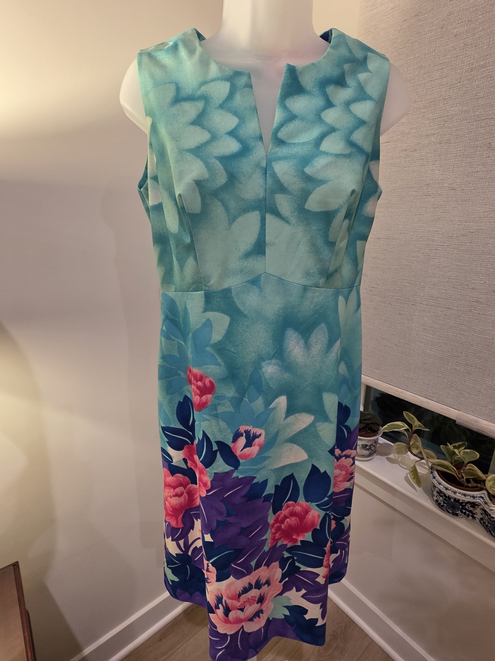 VTG Hawaiian Sleeveless Aqua Floral Sheath Dress Size L - Picture 10 of 16
